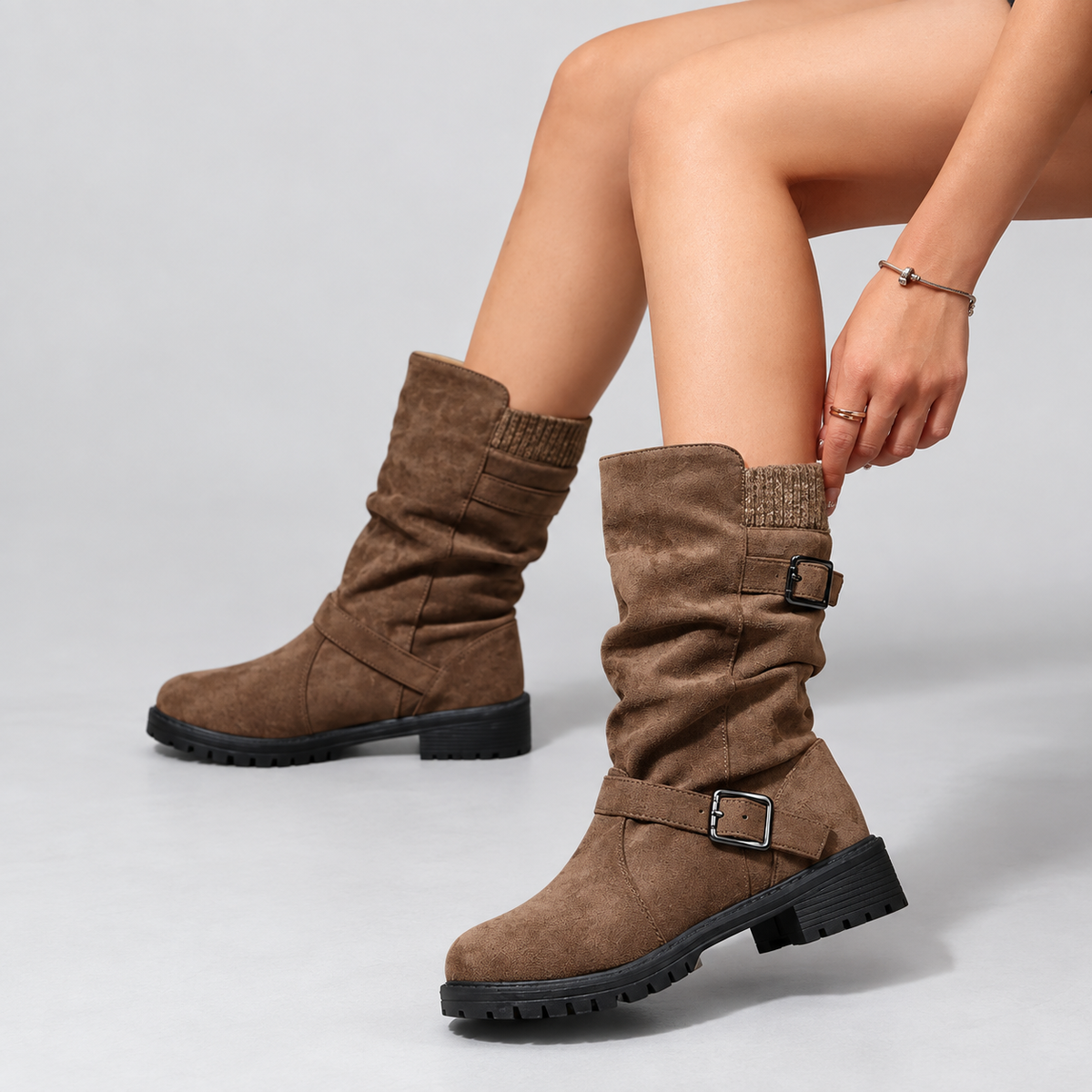 Botas Mujer Media Caña de Ante con Puño de Punto y Doble Hebilla