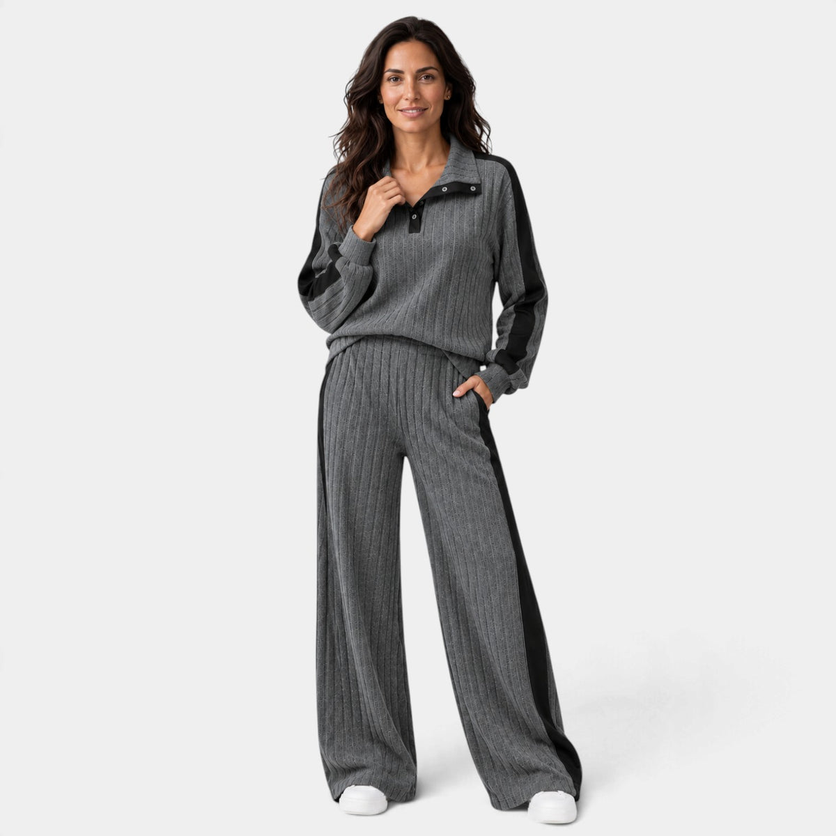 Conjunto de Punto a Rayas con Ribete Contraste para Mujer