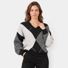 Jersey Argyle para Mujer Cuello de Pico Manga Larga