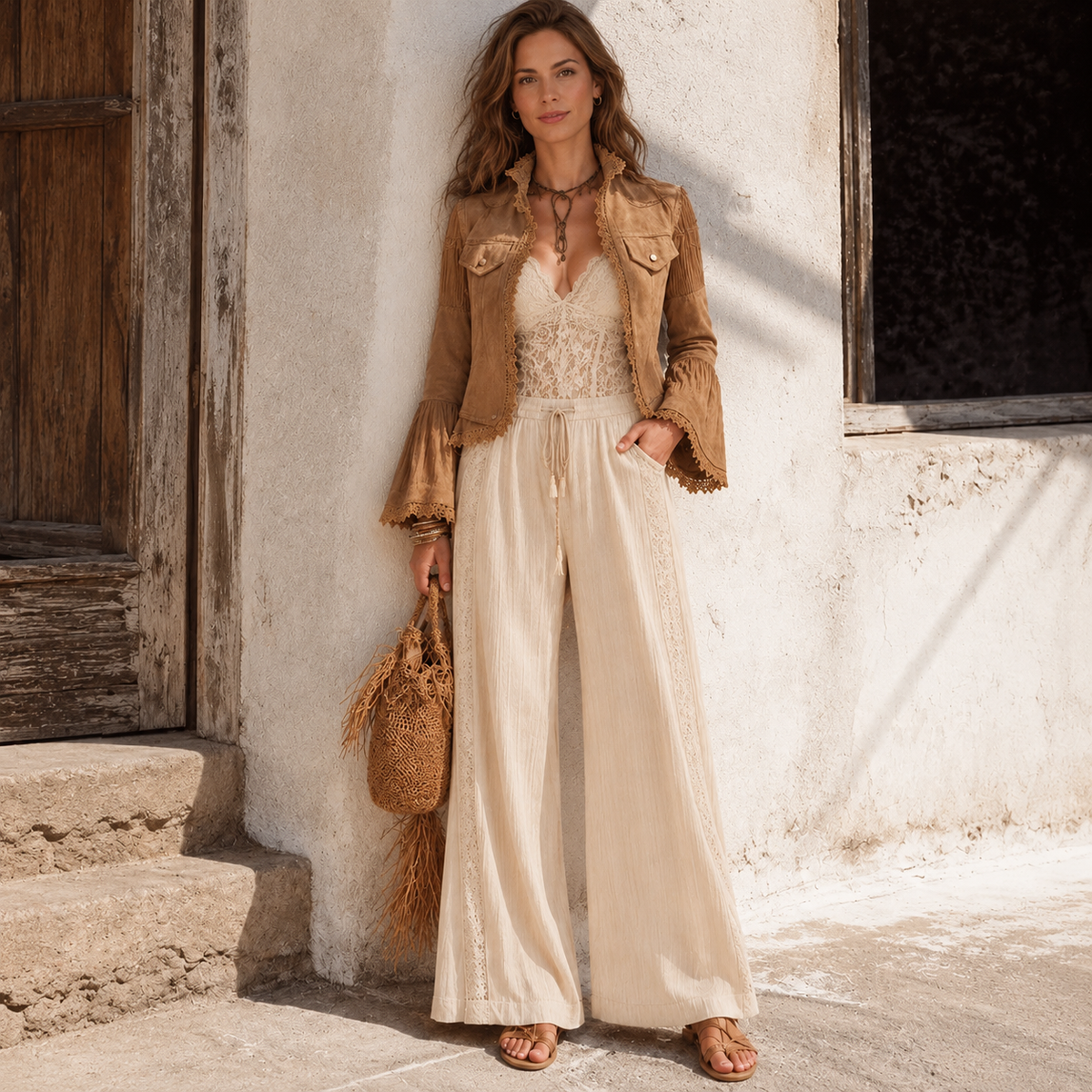 Women's Khaki Boho Vintage Jacket - Lace Trim, Bell Sleeves