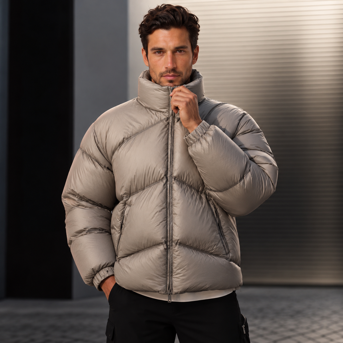 Men's High Neck Zip-Up Puffer Jacket - Quilted Stand Collar