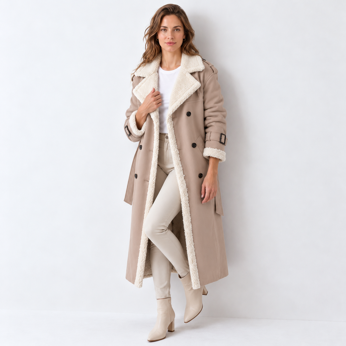 Women's Quilted Trench Coat with Sherpa Collar - Padded