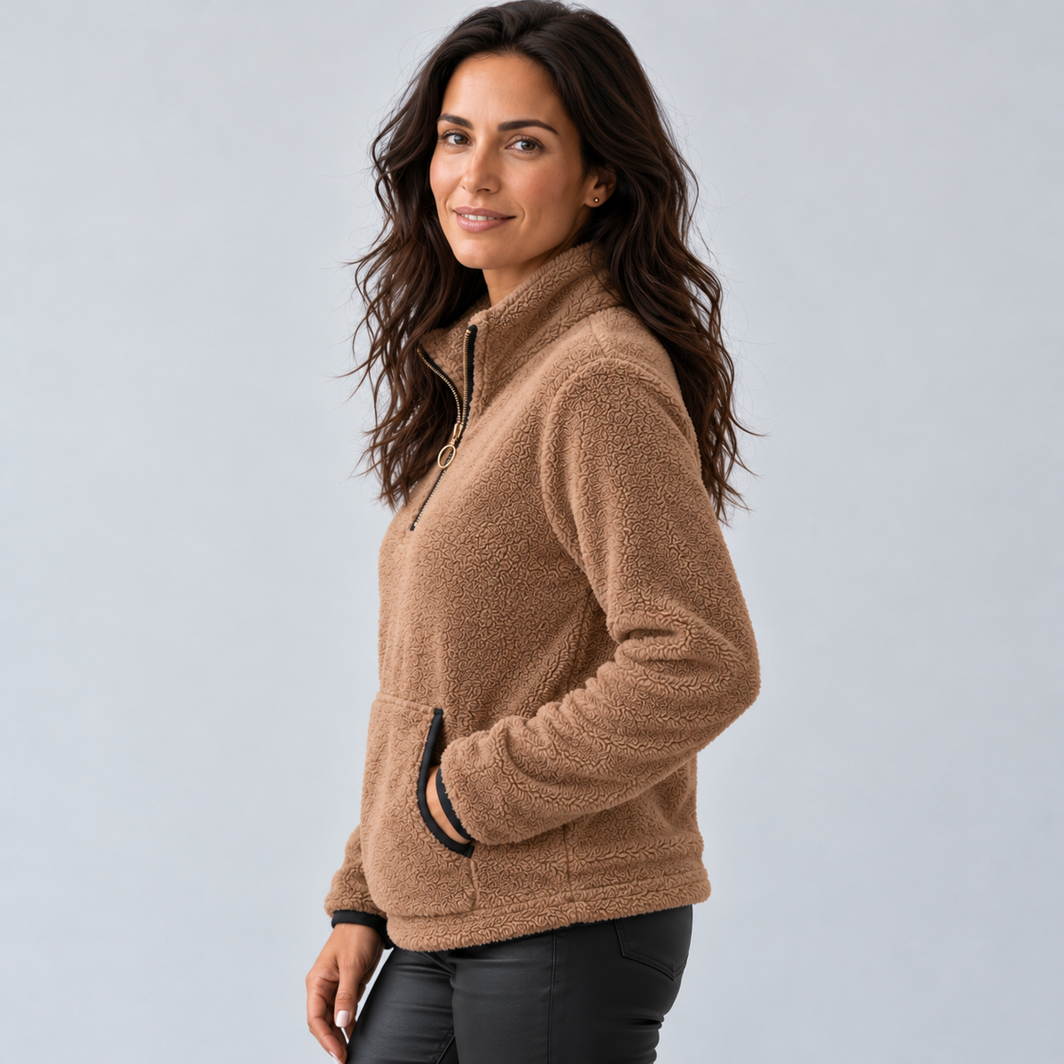 Jersey Mujer de Borreguito con Media Cremallera y Cuello Alto