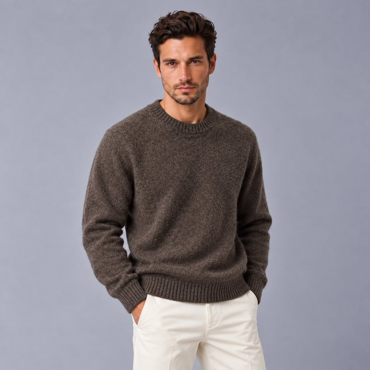 Men's Brushed Wool Knit Sweater - Soft Crew Neck Pullover