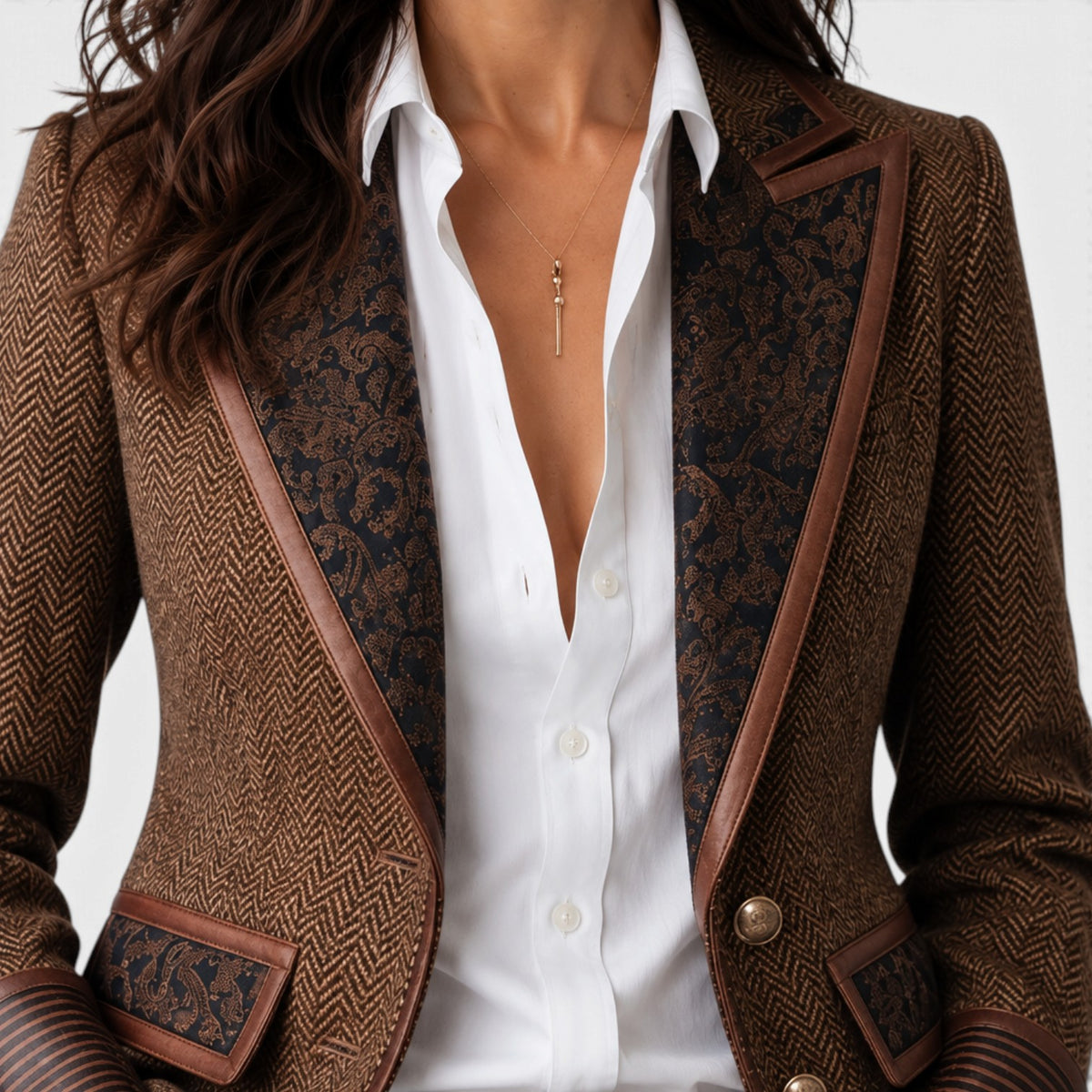 Women's Herringbone Panel Blazer with Gold Buttons