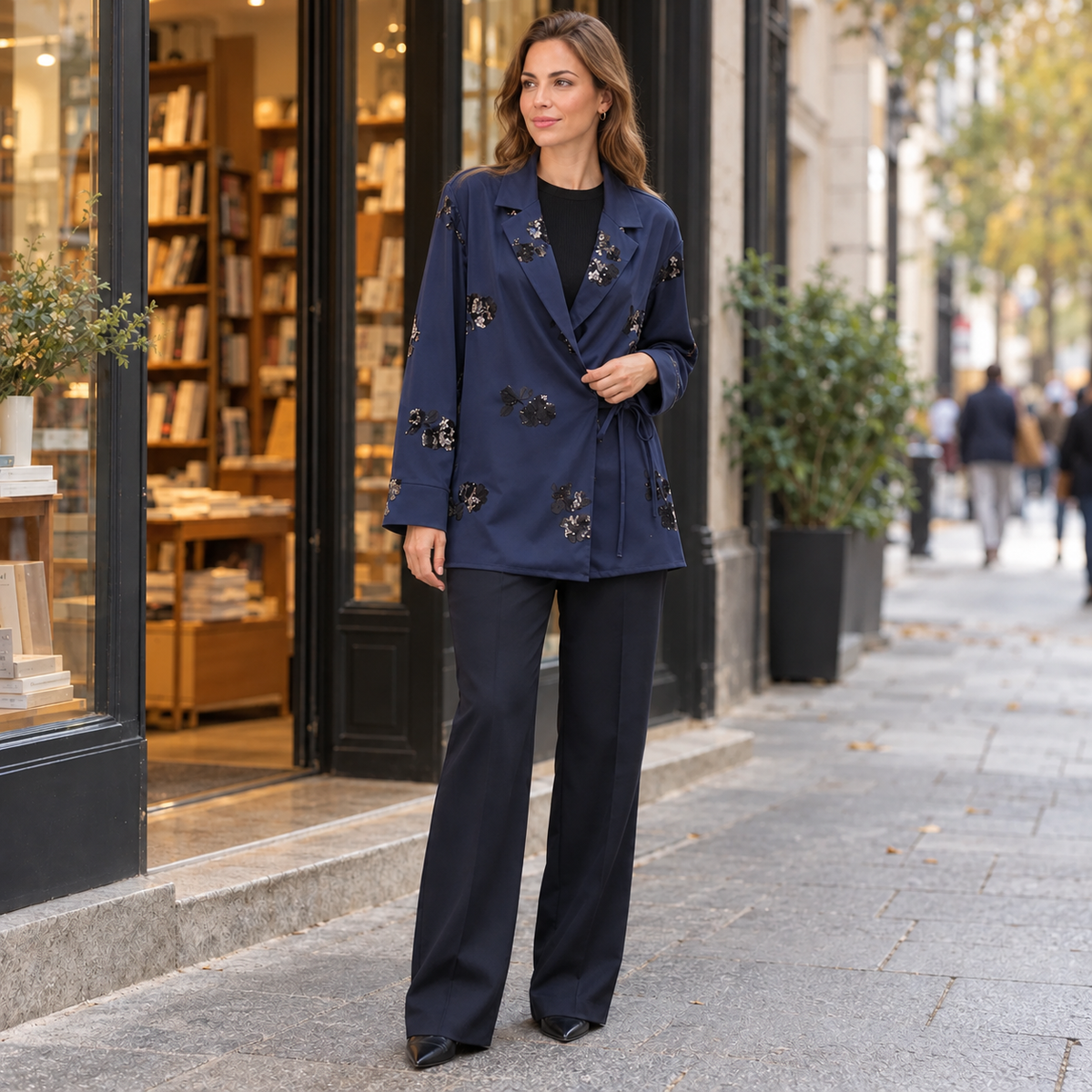 Women's Navy Blue Sequin Blazer and Pants Suit Set