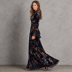 Vestido Largo Mujer Terciopelo Floral con Mangas Acampanadas de Encaje