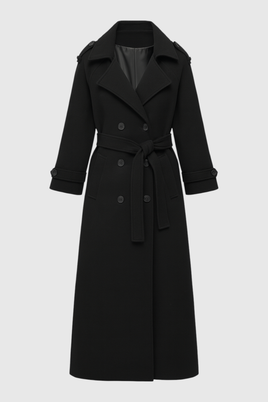 Women's Black Long Wool Blend Coat - Belted Wrap Style