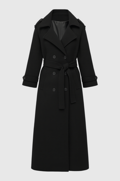 Women's Black Long Wool Blend Coat - Belted Wrap Style