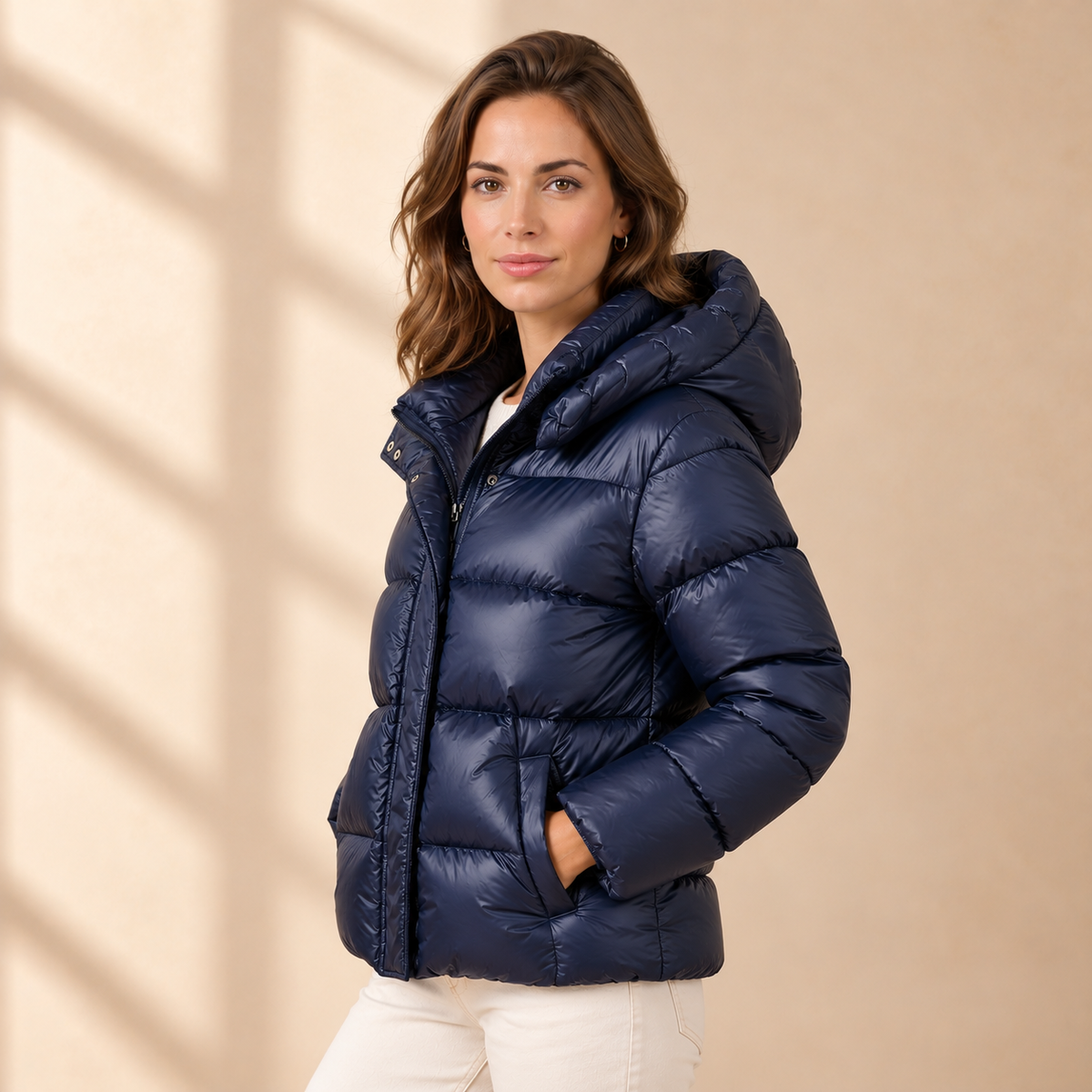 Women's Shiny Hooded Puffer Jacket - Horizontal Quilting