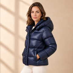 Women's Shiny Hooded Puffer Jacket - Horizontal Quilting
