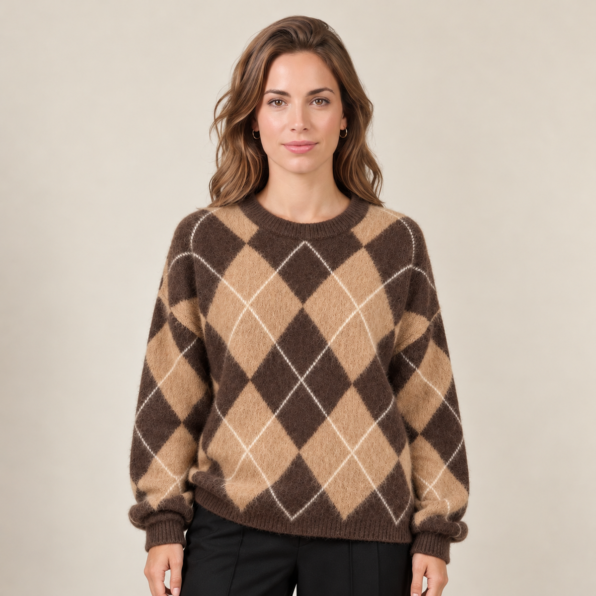 Women's Argyle Knit Sweater - Classic Crew Neck Pullover