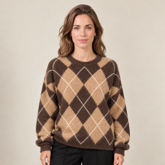 Women's Argyle Knit Sweater - Classic Crew Neck Pullover