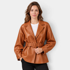 Faux Leather Jacket with Belt and Wide Collar