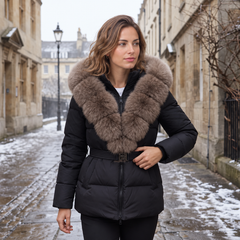 Women's Faux Leather Hooded Puffer Jacket - Quilted Winter Coat