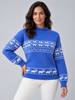 Women's Fair Isle Mock Neck Christmas Sweater with Reindeer Hem