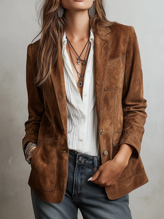 Women's Brown Suede Vintage Jacket - Contrast Stitching