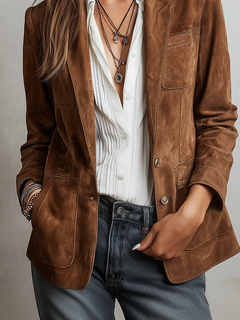 Women's Brown Suede Vintage Jacket - Contrast Stitching