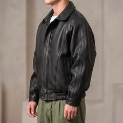 Men's black leather jacket with zipper and elastic hem