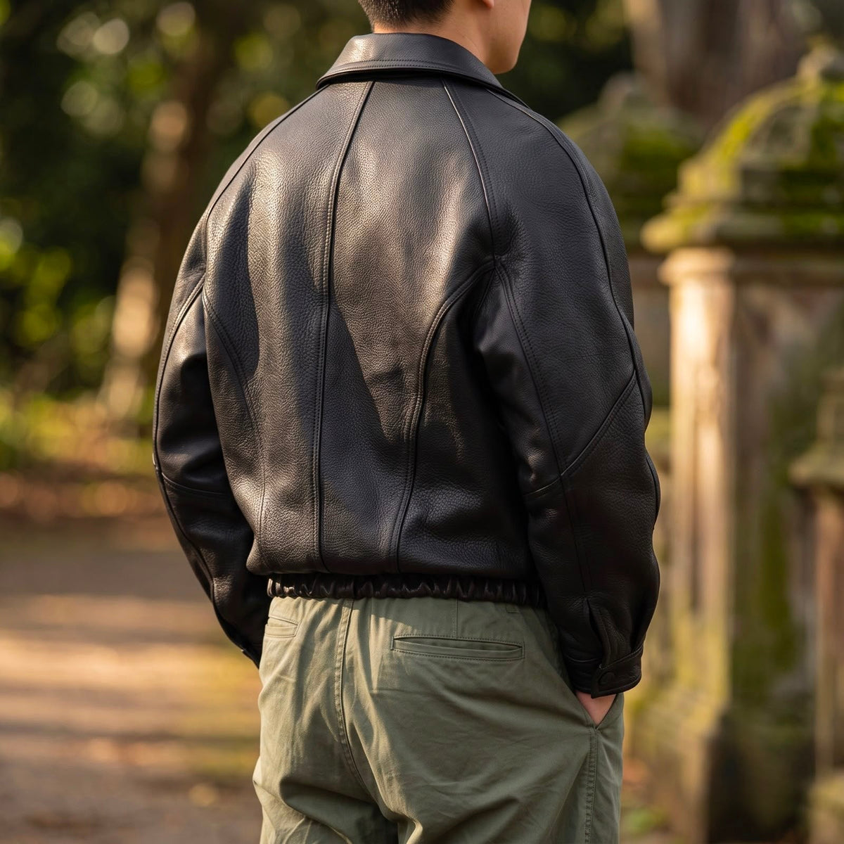 Men's black leather jacket with zipper and elastic hem