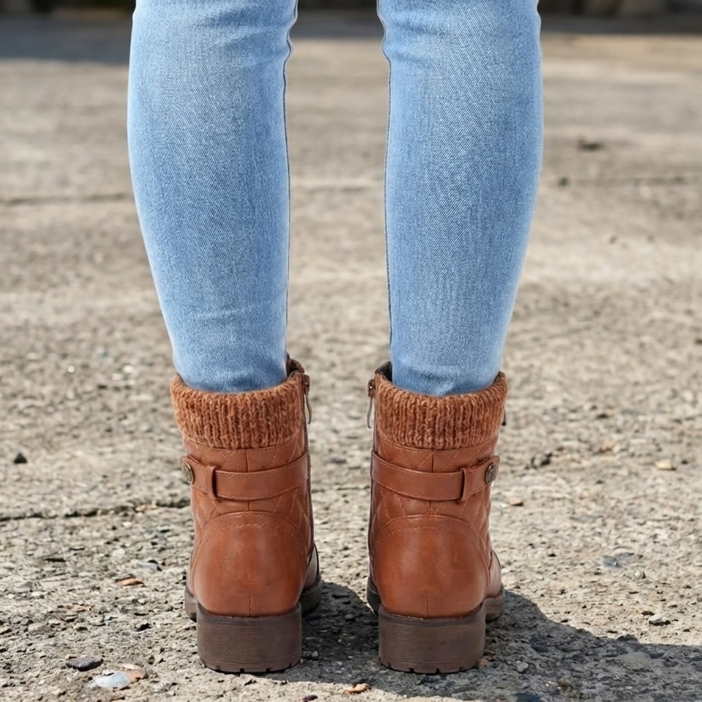 Women's Leather Ankle Boots - Block Heel, Side Zip