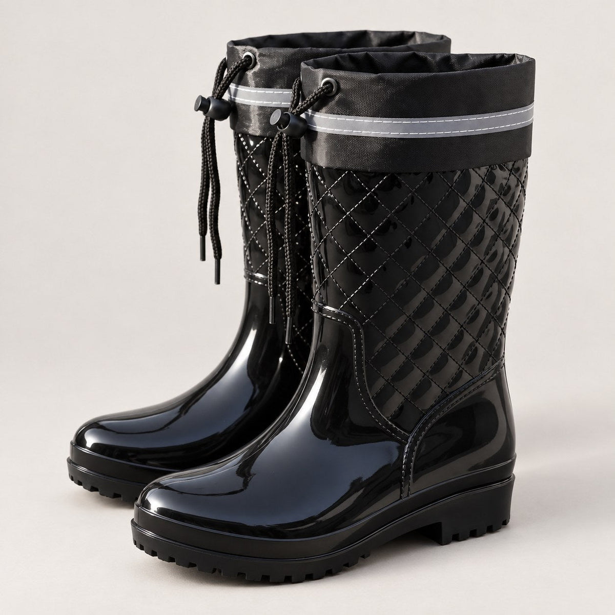 Botas de Agua Negras Mujer Acolchadas con Cordón
