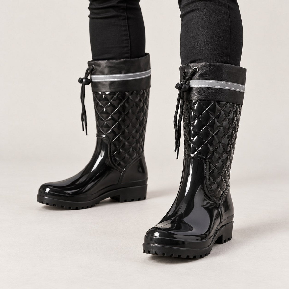 Botas de Agua Negras Mujer Acolchadas con Cordón