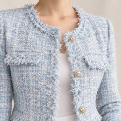 Chaqueta de Tweed Corta Mujer con Flecos y Botones Dorados