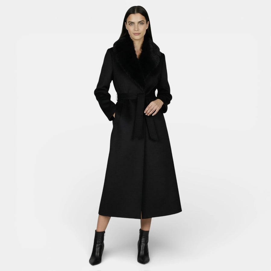Long Wool Coat with Fur Collar