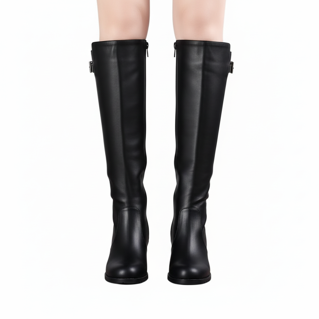 Botas Altas Mujer con Hebilla en PU Estilo Motero Elegante