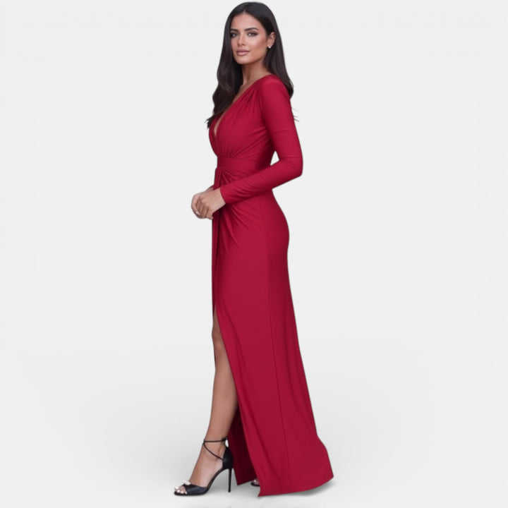 Vestido Largo Rojo Mujer Cuello en V