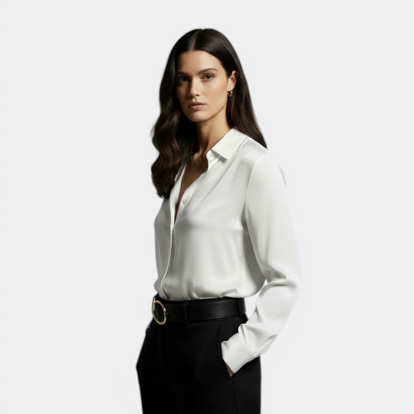 Camisa Mujer Holgada con Solapa y Botones Manga Larga