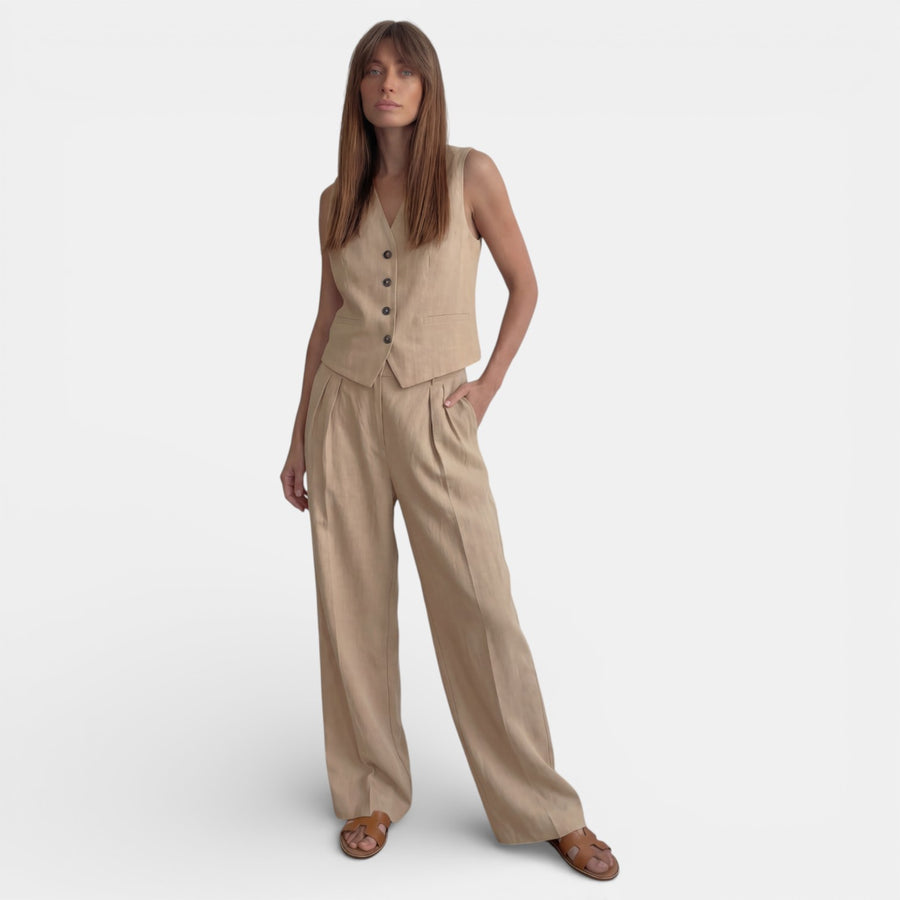 Traje Conjunto de Lino Mujer Cintura Alta Plisado