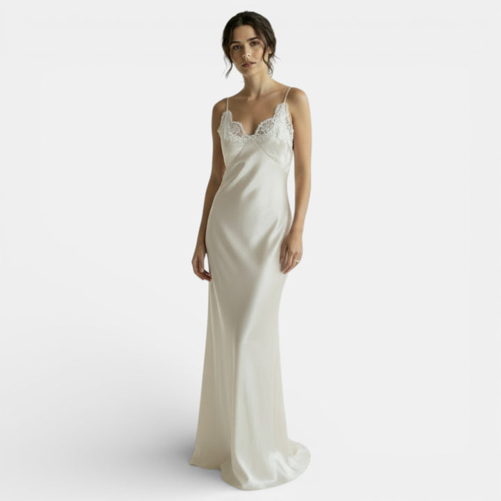 Long Satin V-Neck Lace Dress