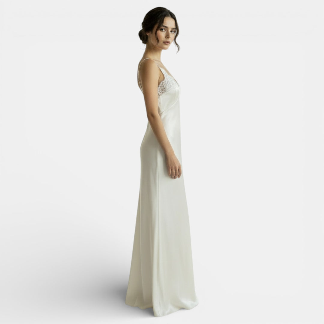 Long Satin V-Neck Lace Dress