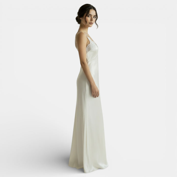 Long Satin V-Neck Lace Dress