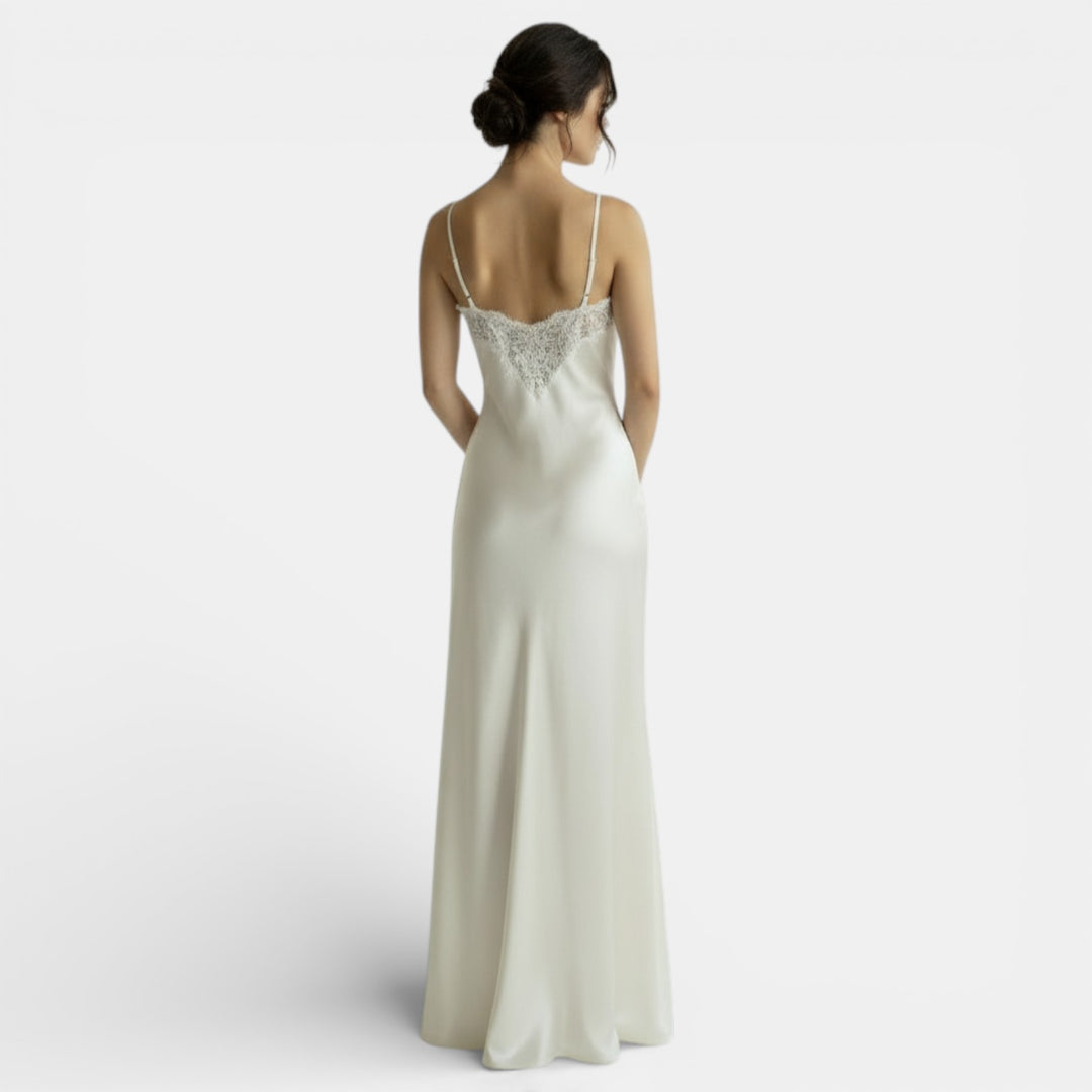 Long Satin V-Neck Lace Dress