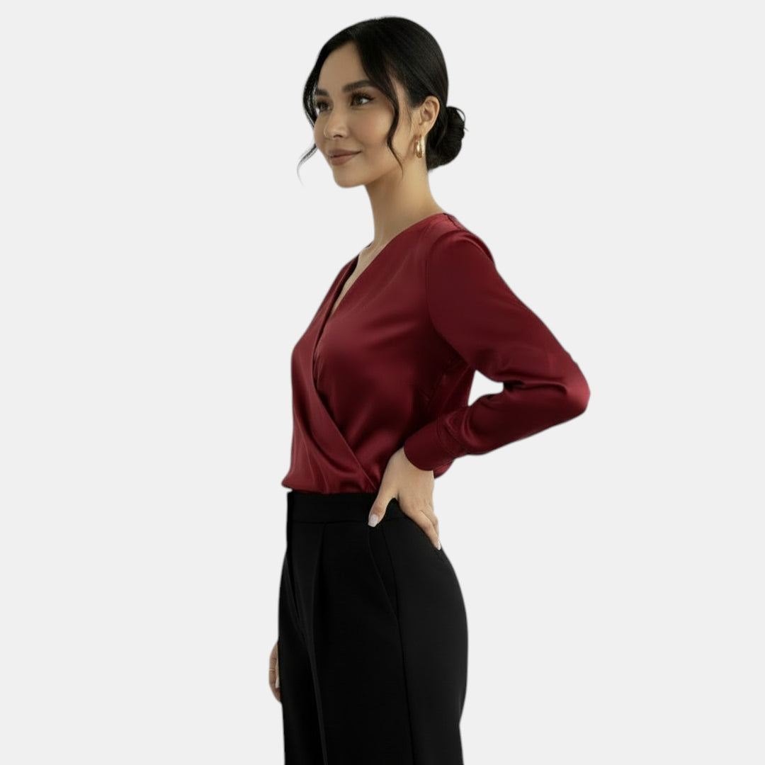 Blusa Satén Escote V Manga Larga
