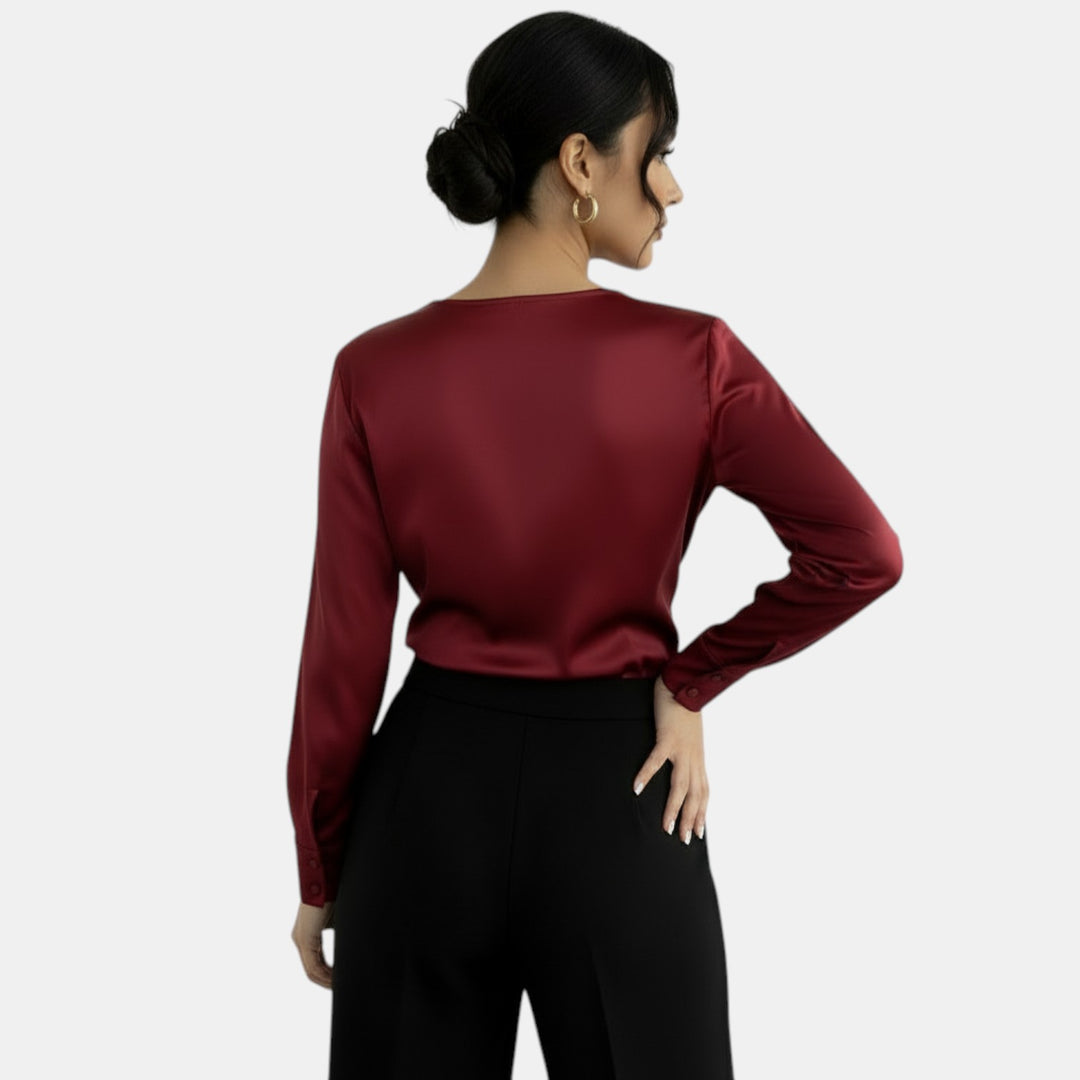 Blusa Satén Escote V Manga Larga