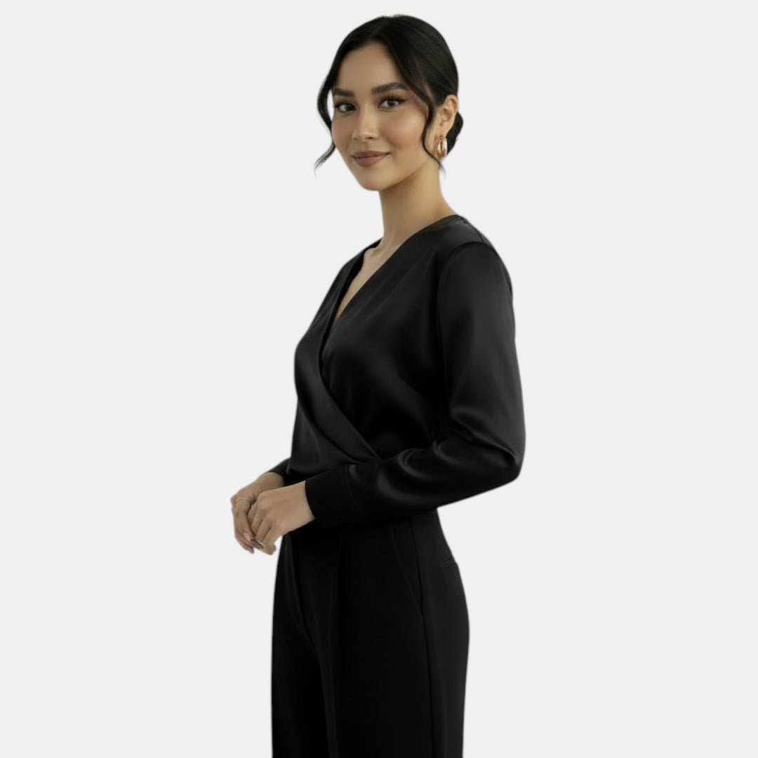 Blusa Satén Escote V Manga Larga