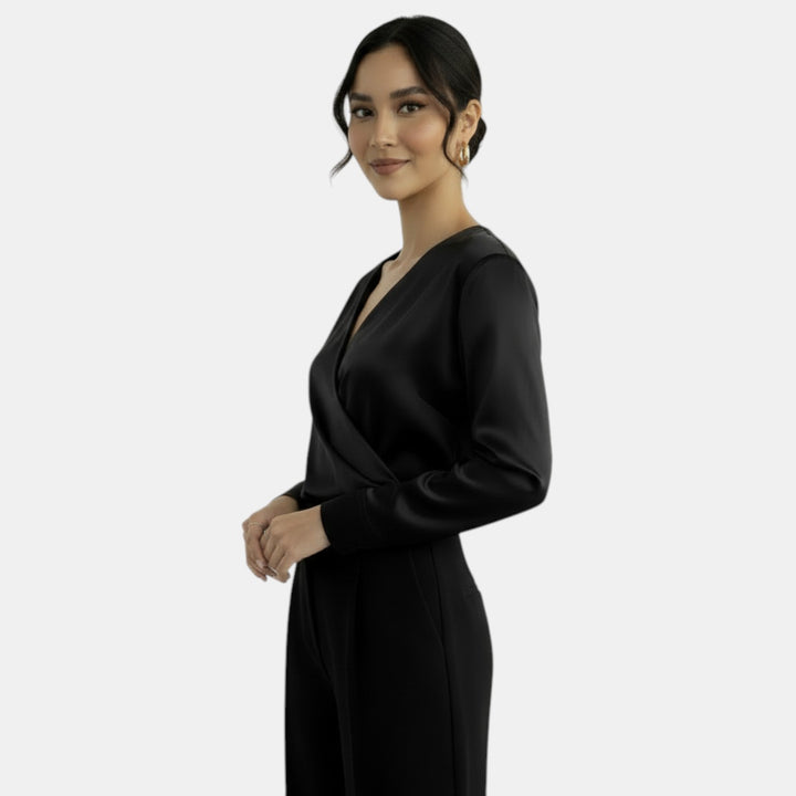 Blusa Satén Escote V Manga Larga