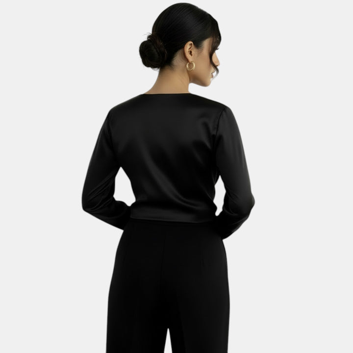 Blusa Satén Escote V Manga Larga
