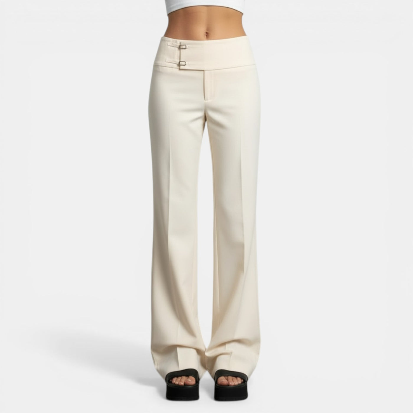 High-Waisted Trousers with Metal Buckle