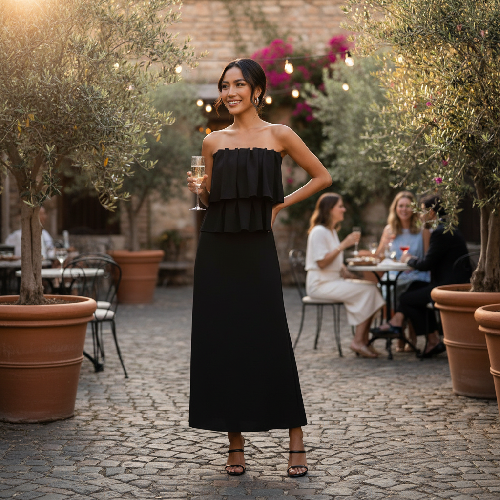 Conjunto Negro Tubo y Falda Midi Elegante