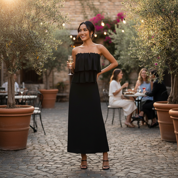 Conjunto Negro Tubo y Falda Midi Elegante
