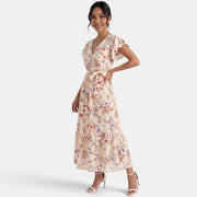 Women's Long Beige Boho Floral Dress