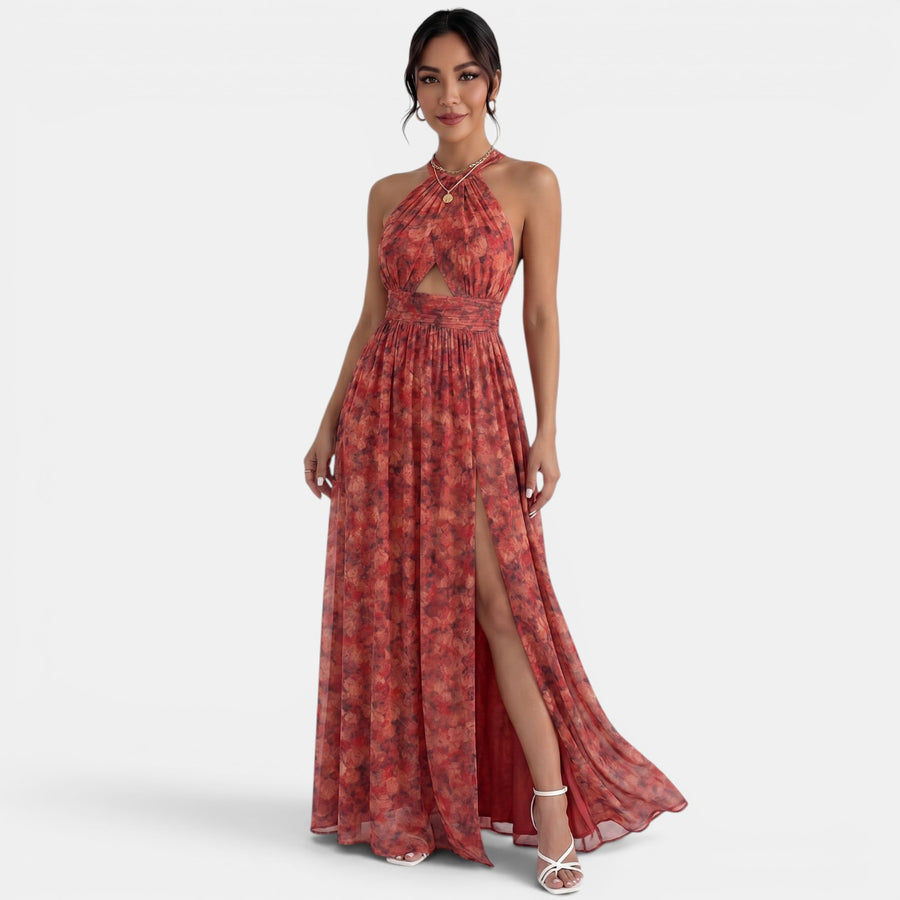Vestido Largo Halter Rojo Floral