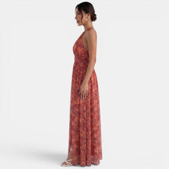 Women's Red Floral Halter Maxi Dress - Front Slit