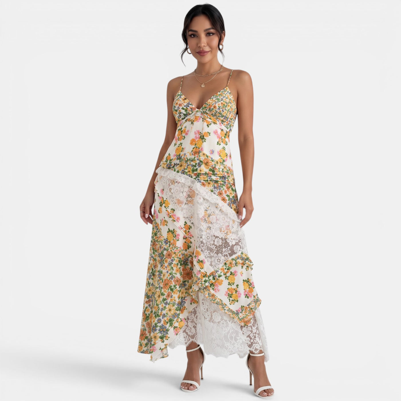 Long Green Floral Lace Dress