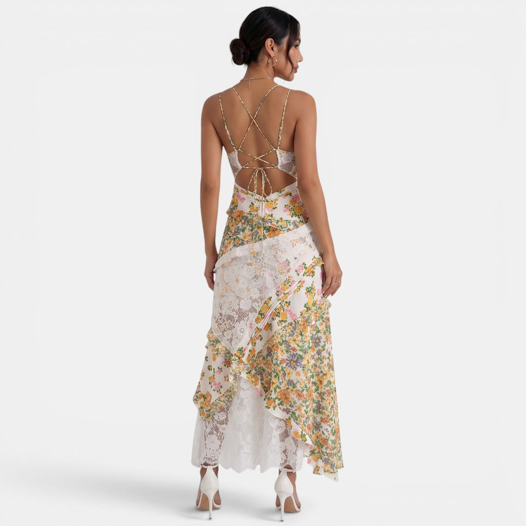 Vestido Largo Floral Verde Encaje
